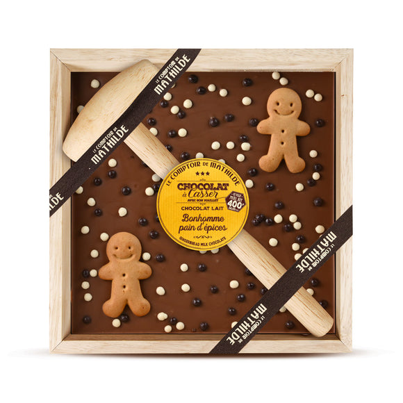 Caja con chocolate con leche y galleta de jengibre, para romper.